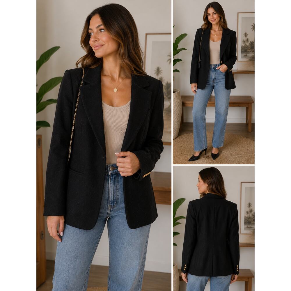 Sergio Sant’Angelo Black Wool Blazer Gold Button Women’s Vintage Jacket